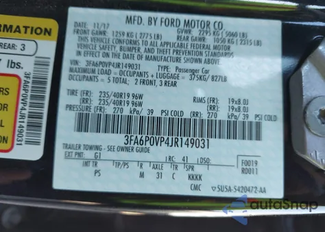 2018 Ford Fusion Sport from USA, damaged, VIN 3FA6P0VP4JR149031